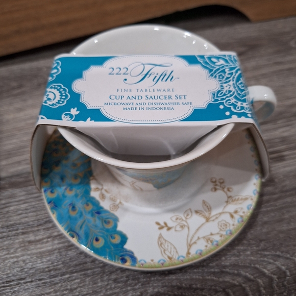 New Set of 2 Peacock Teacup & Saucers by 222 Fifth: Turquoise Blue - Picture 3 of 3
